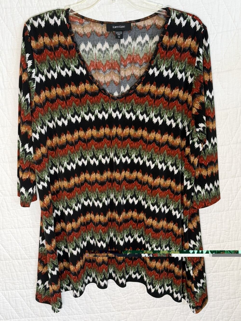 Karen Kane Blouse Womens 1X Scoop Neck brown green vneck Tunic Top